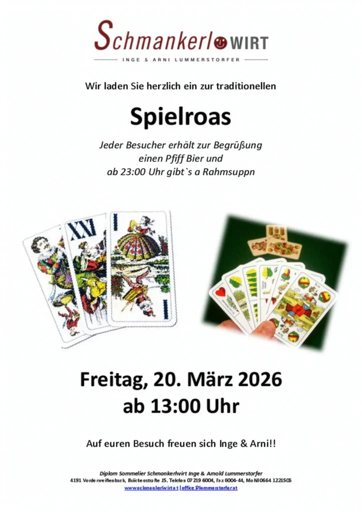 Einladung zur Spielroas 2026 beim Schmankerlwirt in Vorderweißenbach im Mühlviertel