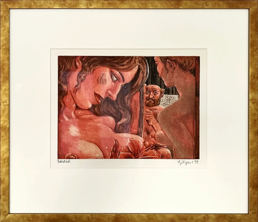 „Zwei Frauen mit Maler im Hintergrund“, 1973 von Fritz Aigner aus der Kunstsammlung Arnoldina im Schmankerlwirt Vorderweißenbach
