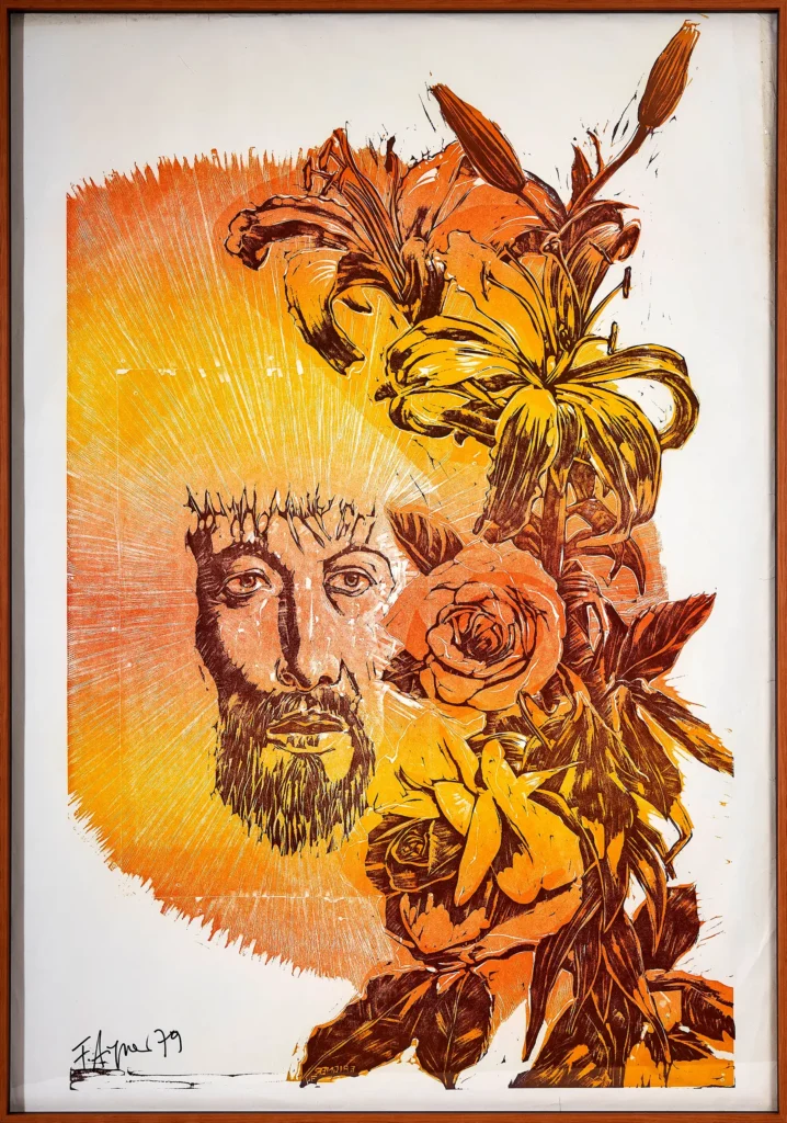 „Jesus mit Blumenranke orange“, 1979 von Fritz Aigner aus der Kunstsammlung Arnoldina im Schmankerlwirt Vorderweißenbach