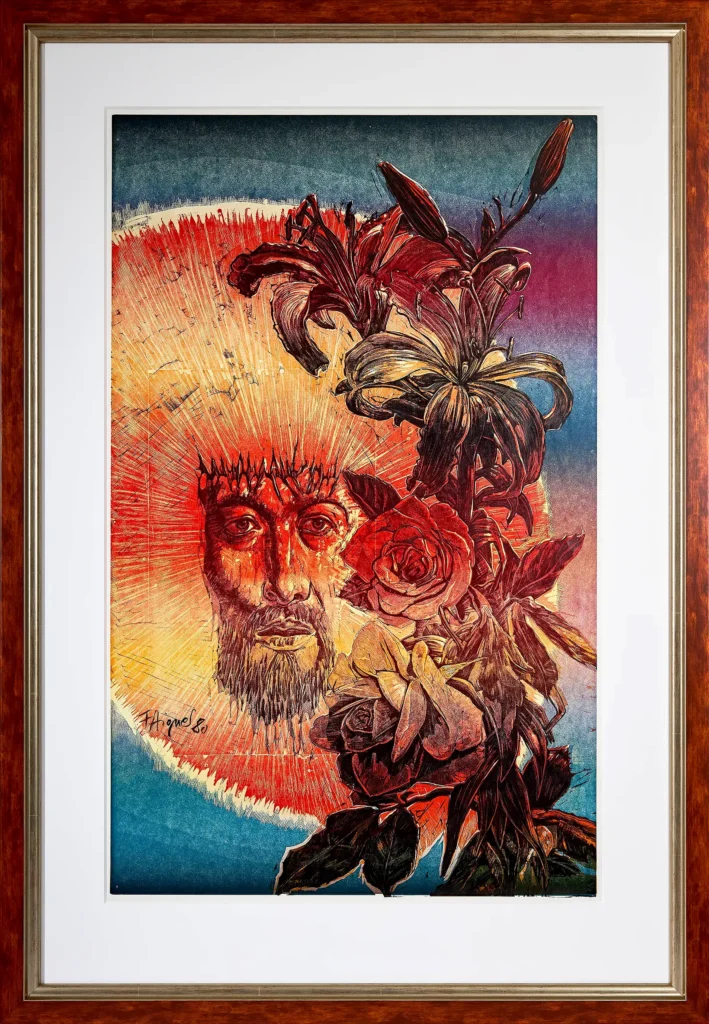 „Jesus mit Blumenranke“, 1980 von Fritz Aigner aus der Kunstsammlung Arnoldina im Schmankerlwirt Vorderweißenbach