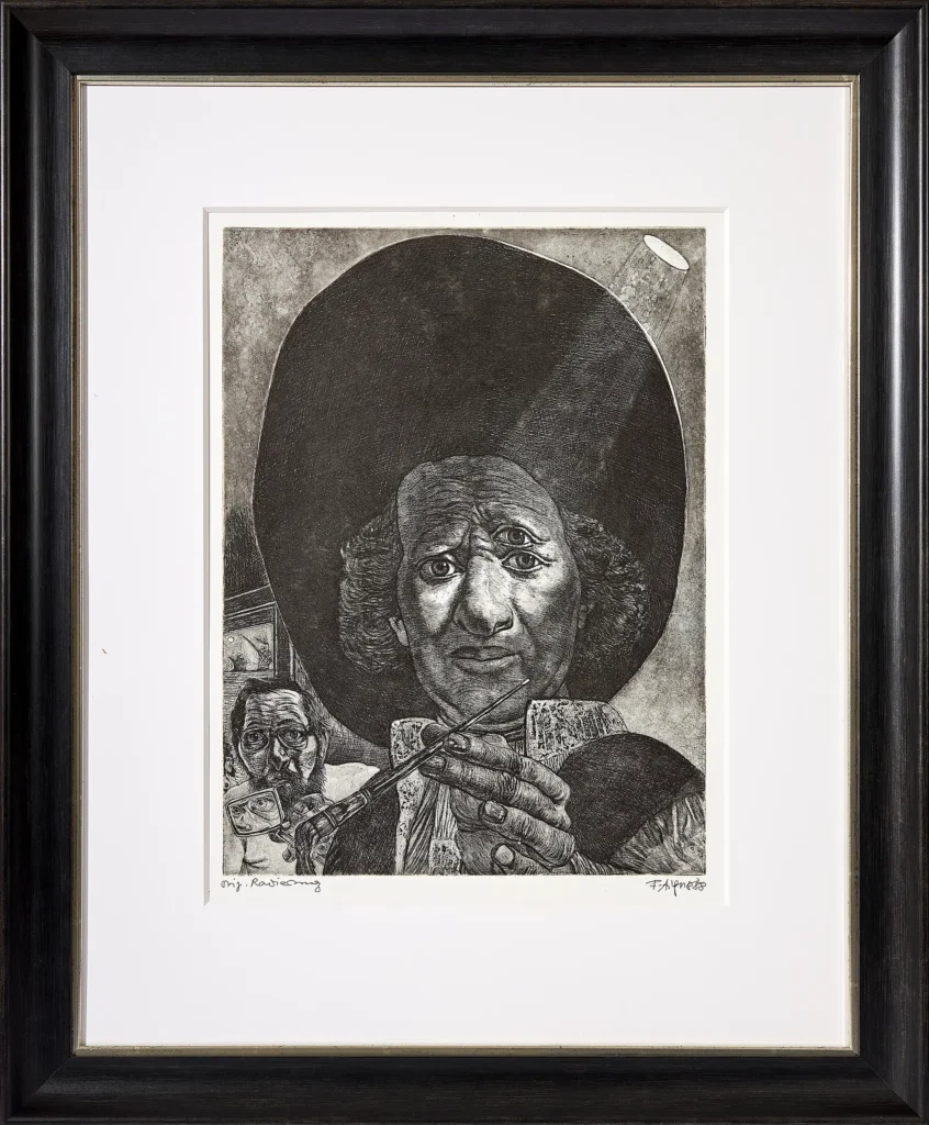 „Dreiäugiger Rembrandt mit Pinsel und Fritz Aigner“, 1985 von Fritz Aigner aus der Kunstsammlung Arnoldina im Schmankerlwirt Vorderweißenbach