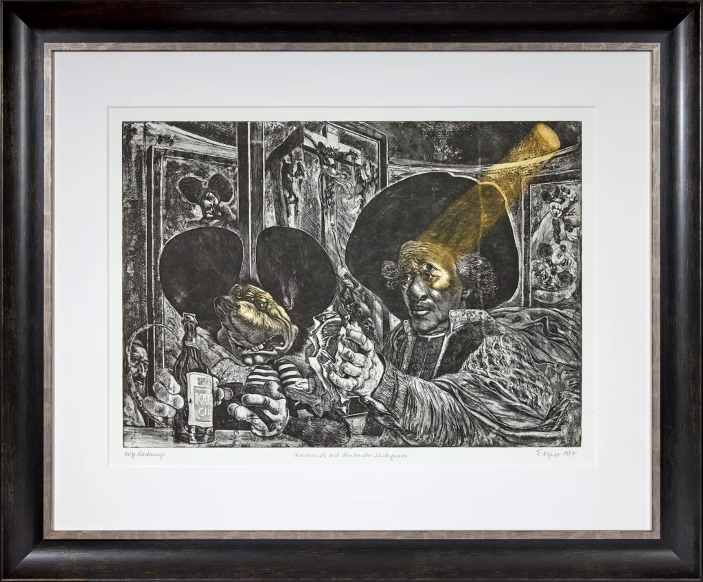 „Rembrandt mit heulender Mickymaus“, 1987 von Fritz Aigner aus der Kunstsammlung Arnoldina im Schmankerlwirt Vorderweißenbach