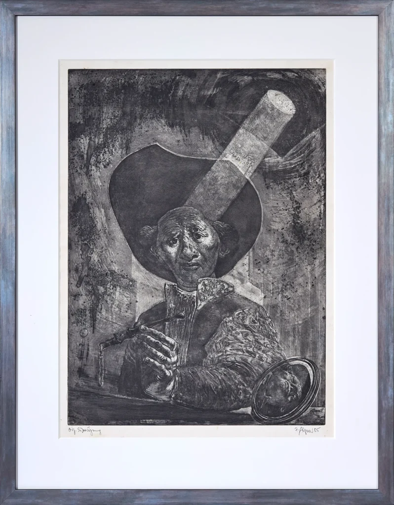 „Dreiäugiger Rembrandt mit Fritz Aigner eine Lupe haltend“, 1988 von Fritz Aigner aus der Kunstsammlung Arnoldina im Schmankerlwirt Vorderweißenbach