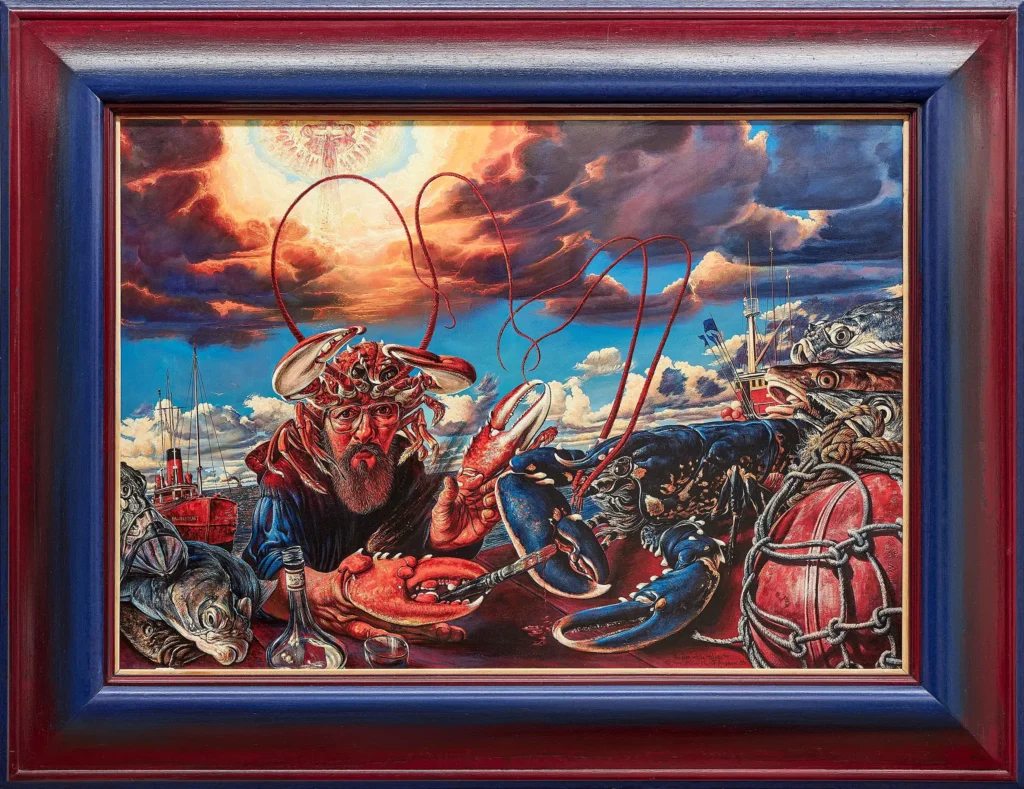 „The blue and the red lobster“, 1988 von Fritz Aigner aus der Kunstsammlung Arnoldina im Schmankerlwirt Vorderweißenbach