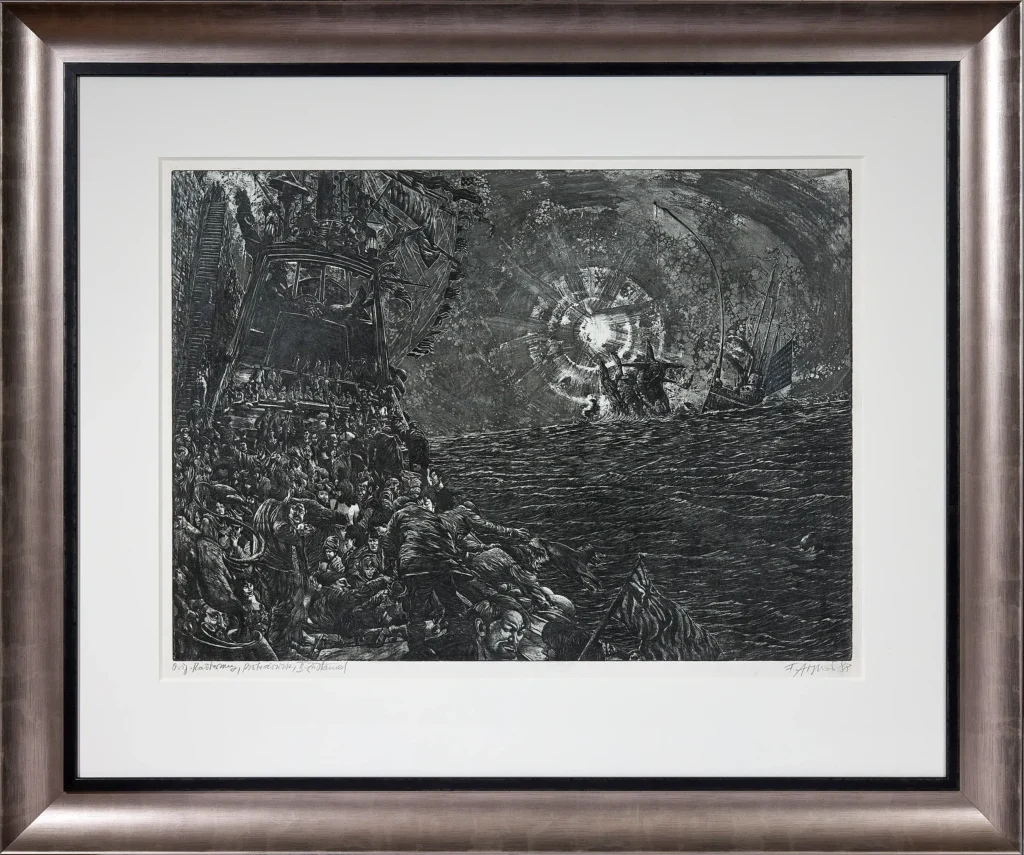 „Überfülltes Schiff vor strahlender Sonne“, 1988 von Fritz Aigner aus der Kunstsammlung Arnoldina im Schmankerlwirt Vorderweißenbach