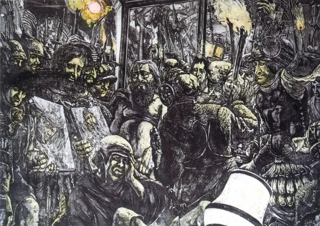 „Besuch in Altdorfers Welt“, 1989 von Fritz Aigner aus der Kunstsammlung Arnoldina im Schmankerlwirt Vorderweißenbach
