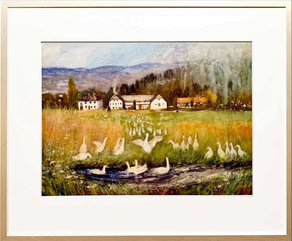 „Elternhaus von Inge Lummerstorfer mit Entenzucht“, 2020 von John Owen aus der Kunstsammlung Arnoldina im Schmankerlwirt Vorderweißenbach