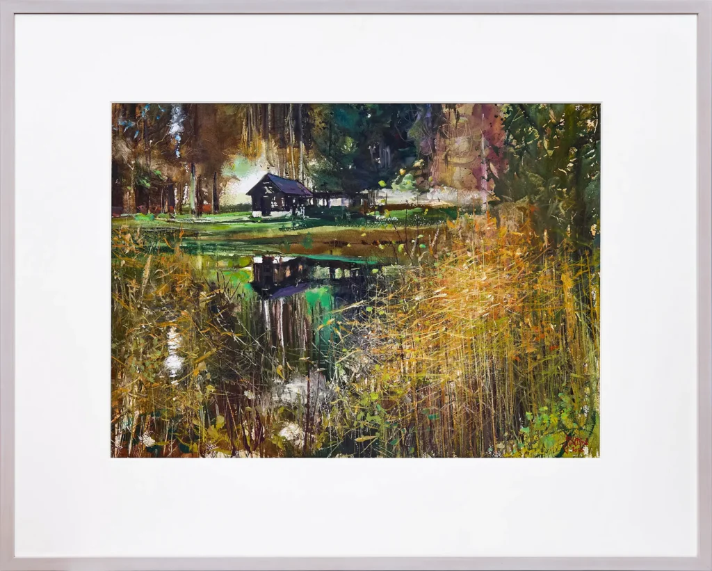 „Fischtteich mit Hütte“, 2025 von John Owen aus der Kunstsammlung Arnoldina im Schmankerlwirt Vorderweißenbach