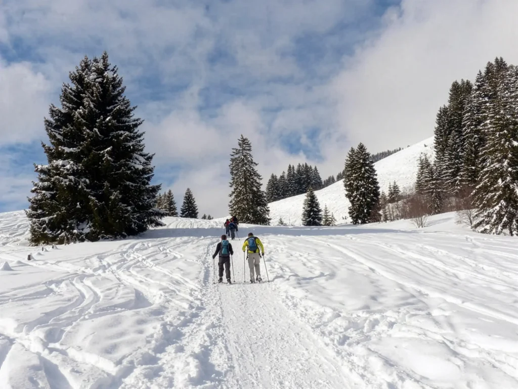 Schneeschuhwanderung in der Winterlandschaft des oberen Mühlviertels nahe dem Schmankerlwirt in Vorderweißenbach