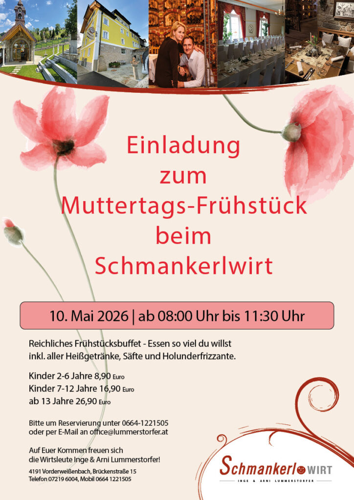Einladung zum Muttertagsfrühstück 2026 beim Schmankerlwirt in Vorderweißenbach im Mühlviertel
